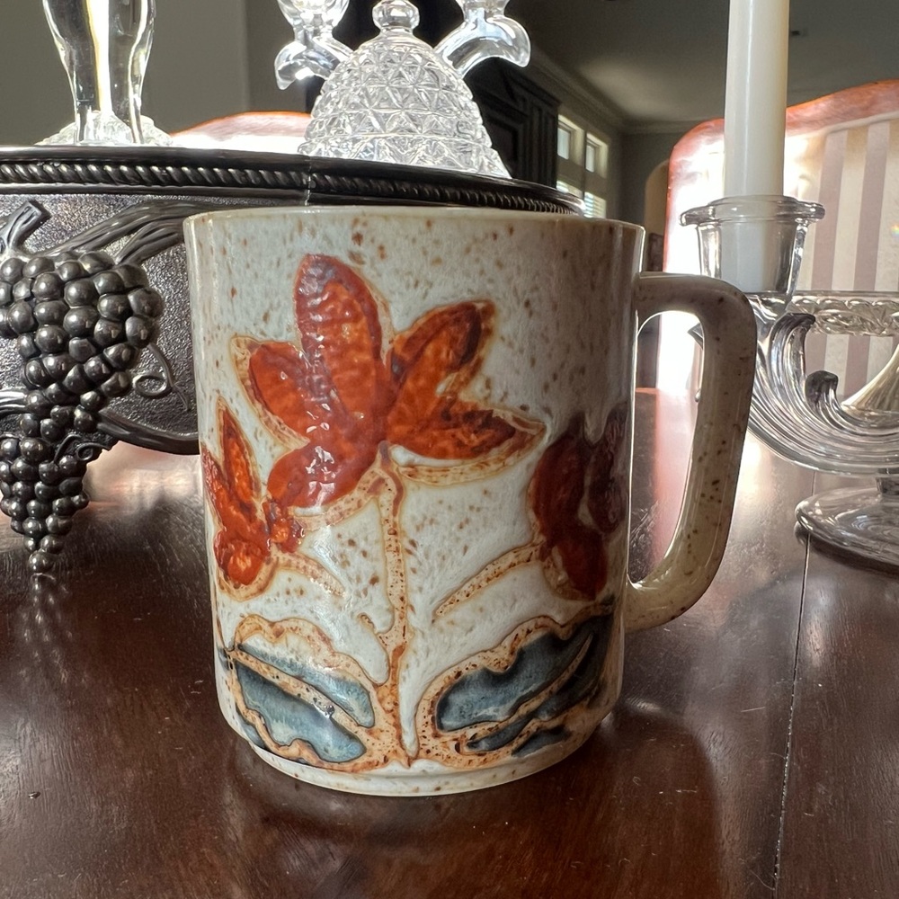 Vintage Otagiri Stoneware Pottery Mug Tan with Orange and Blue Florals